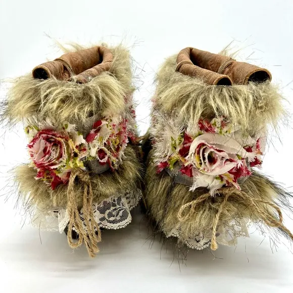 ⭐️Custom Larry Mahan festival faux fur feather floral lace leather cowgirl boots
