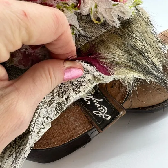 ⭐️Custom Larry Mahan festival faux fur feather floral lace leather cowgirl boots