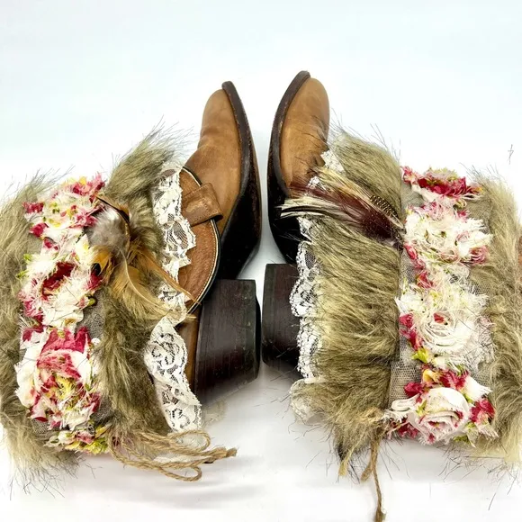 ⭐️Custom Larry Mahan festival faux fur feather floral lace leather cowgirl boots