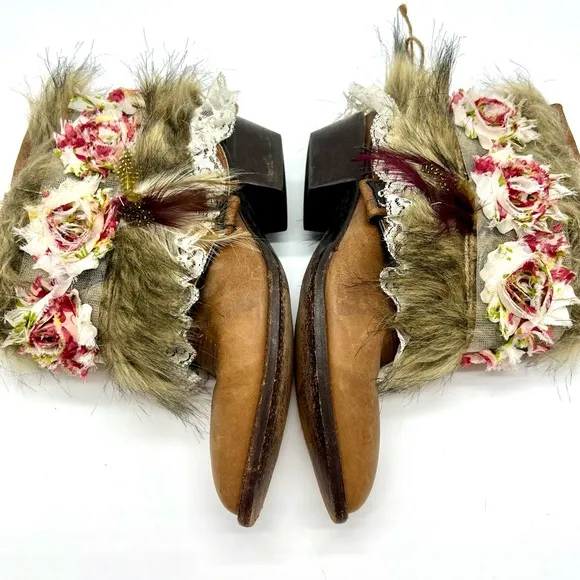 ⭐️Custom Larry Mahan festival faux fur feather floral lace leather cowgirl boots