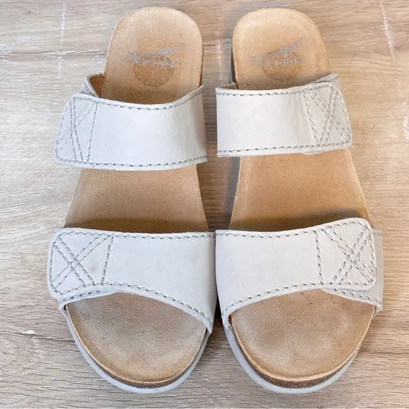 Dansko Maddy Beige Two Strap Slip On Wedge Sandal Size 38, US 7.5-8