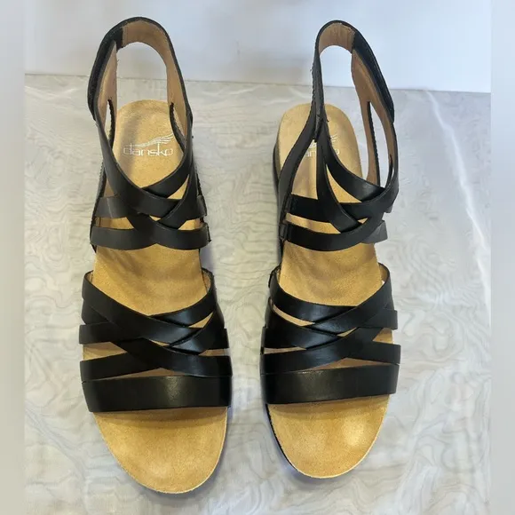 Dansko Mirabella Cork Wedge Gladiator Sandals Sz 40 Black Lightweight Leather