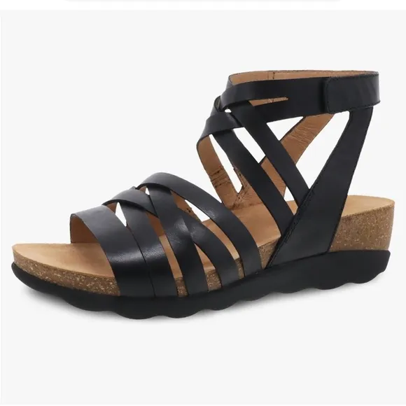 Dansko Mirabella Cork Wedge Gladiator Sandals Sz 40 Black Lightweight Leather