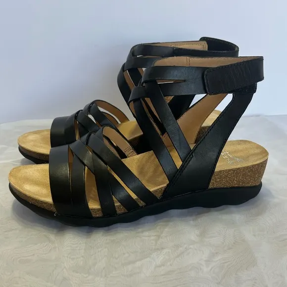 Dansko Mirabella Cork Wedge Gladiator Sandals Sz 40 Black Lightweight Leather
