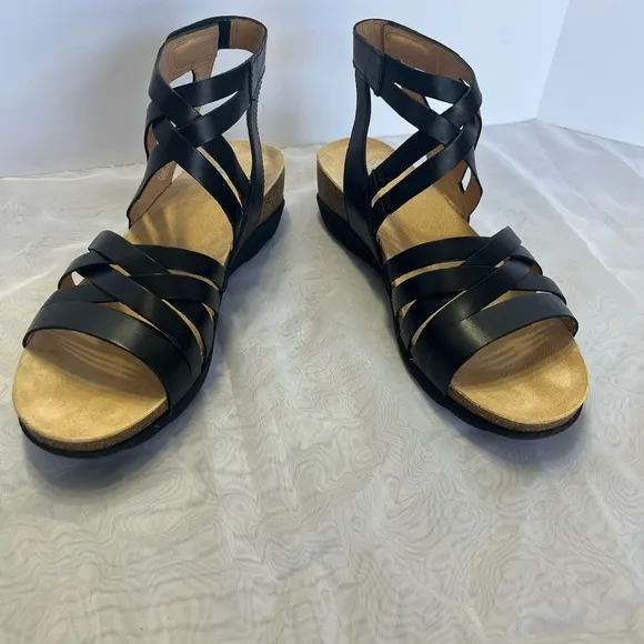 Dansko Mirabella Cork Wedge Gladiator Sandals Sz 40 Black Lightweight Leather