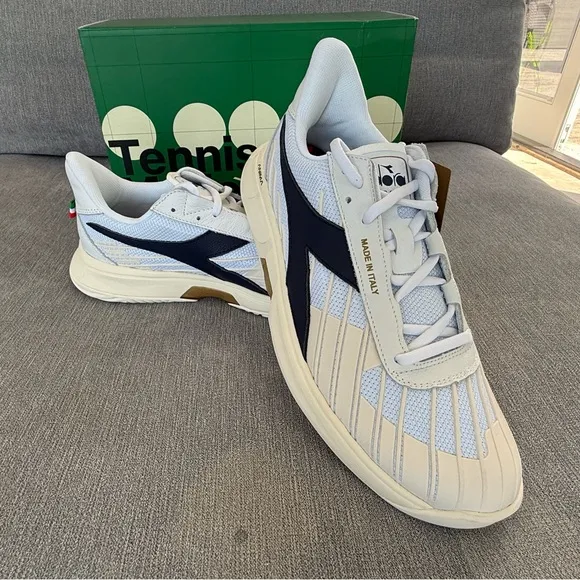 Diadora White and Blue Athletic Tennis Shoes with Retro Design