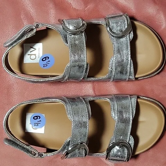 Dolce Vita Alameda Metallic Silver Buckle Slide Wedge Sandals - Size 6.5