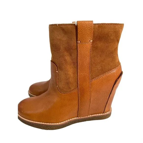 Dolce Vita Womens Pavlos Cognac Leather Ankle Boots Wedge Heeled Booties Sz 8.5