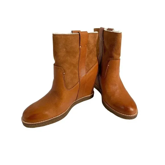Dolce Vita Womens Pavlos Cognac Leather Ankle Boots Wedge Heeled Booties Sz 8.5