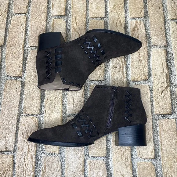 Donald J. Pliner Suede Bowery Ankle Boots Cross Whip Stitch Woven Detail sz 5.5
