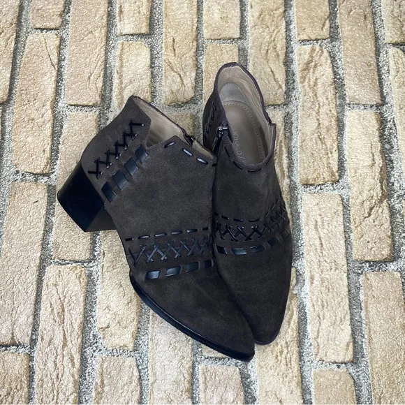Donald J. Pliner Suede Bowery Ankle Boots Cross Whip Stitch Woven Detail sz 5.5