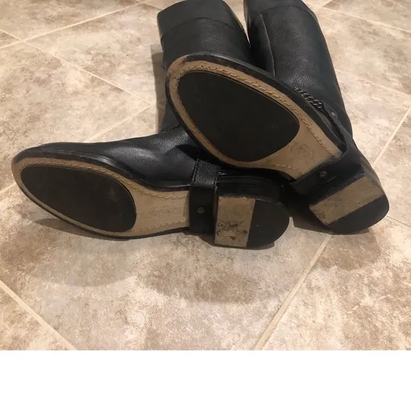 DONNA KARAN DKNY tall leather black pull on moto boots black chain accent