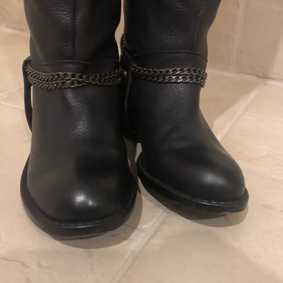 DONNA KARAN DKNY tall leather black pull on moto boots black chain accent