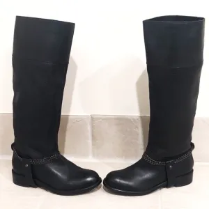 DONNA KARAN DKNY tall leather black pull on moto boots black chain accent