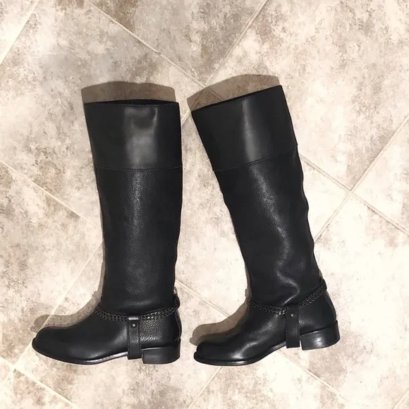 DONNA KARAN DKNY tall leather black pull on moto boots black chain accent
