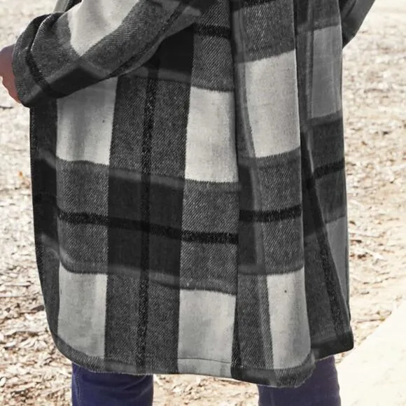 DOUBLE TAKE Black Gray Plaid Button Up Jacket Pockets Fall NEW Misses