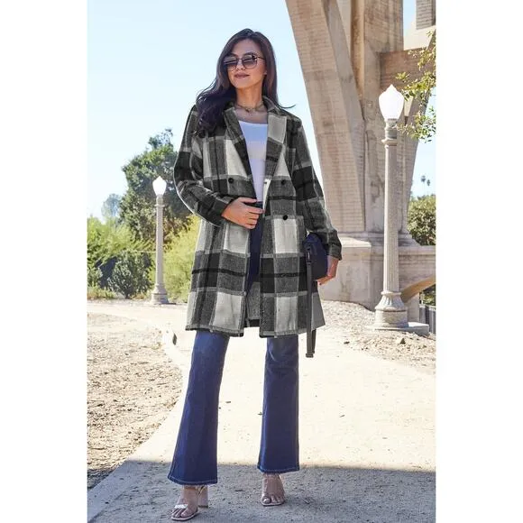 DOUBLE TAKE Black Gray Plaid Button Up Jacket Pockets Fall NEW Misses