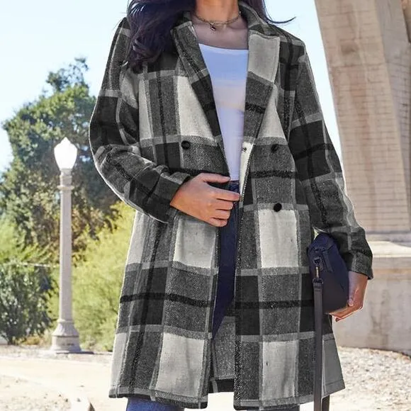 DOUBLE TAKE Black Gray Plaid Button Up Jacket Pockets Fall NEW Misses