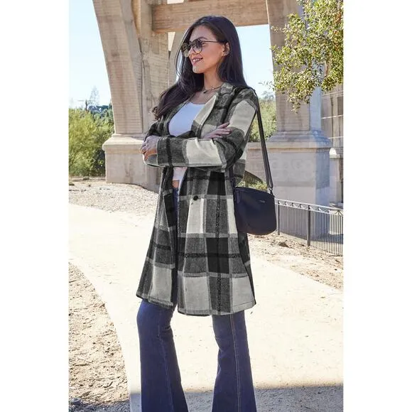 DOUBLE TAKE Black Gray Plaid Button Up Jacket Pockets Fall NEW Misses