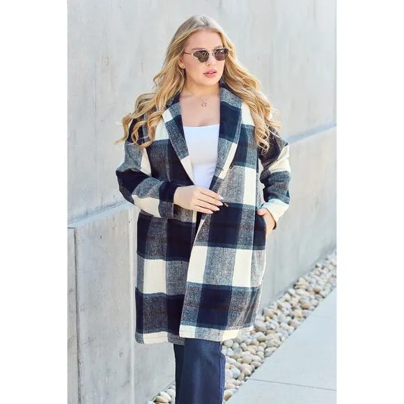 DOUBLE TAKE Dark Blue Plaid Button Up Jacket Pockets Fall NEW Misses