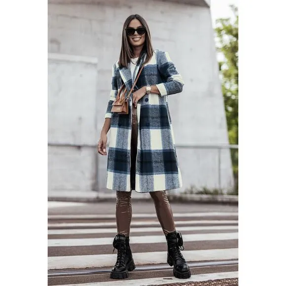 DOUBLE TAKE Dark Blue Plaid Button Up Jacket Pockets Fall NEW Misses