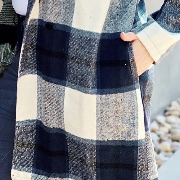 DOUBLE TAKE Dark Blue Plaid Button Up Jacket Pockets Fall NEW Misses