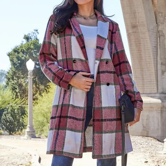 DOUBLE TAKE Deep Red Plaid Button Up Jacket Pockets Fall NEW Misses