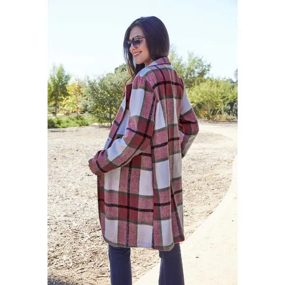 DOUBLE TAKE Deep Red Plaid Button Up Jacket Pockets Fall NEW Misses