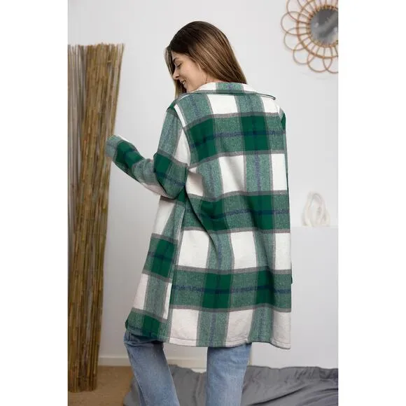 DOUBLE TAKE Green Blue Plaid Button Up Jacket Pockets Fall NEW Misses