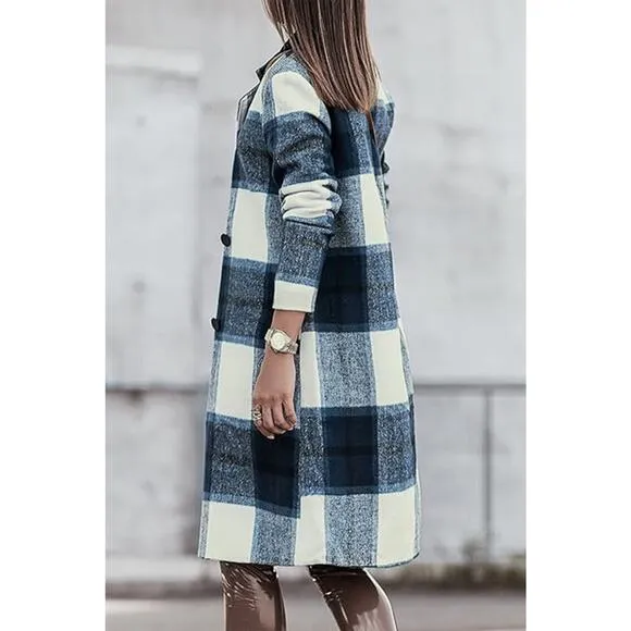 DOUBLE TAKE Plus Dark Blue Plaid Button Up Jacket Pockets Fall NEW Plus 2XL 3XL
