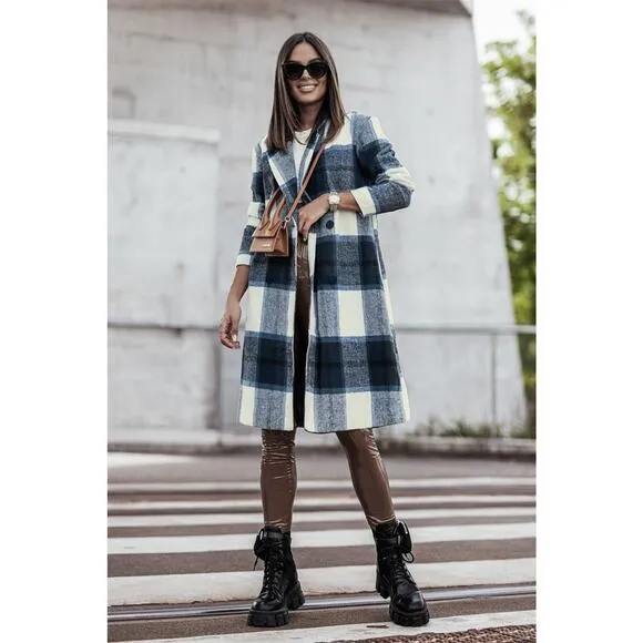 DOUBLE TAKE Plus Dark Blue Plaid Button Up Jacket Pockets Fall NEW Plus 2XL 3XL