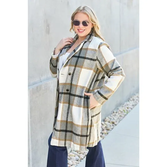 DOUBLE TAKE Plus Gray Plaid Button Up Jacket Pockets Fall NEW Misses