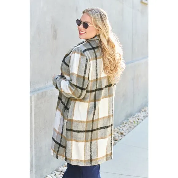 DOUBLE TAKE Plus Gray Plaid Button Up Jacket Pockets Fall NEW Misses