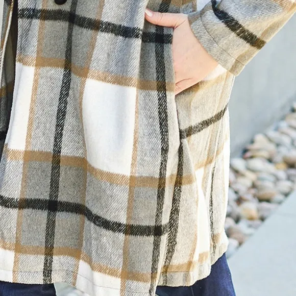 DOUBLE TAKE Plus Gray Plaid Button Up Jacket Pockets Fall NEW Misses