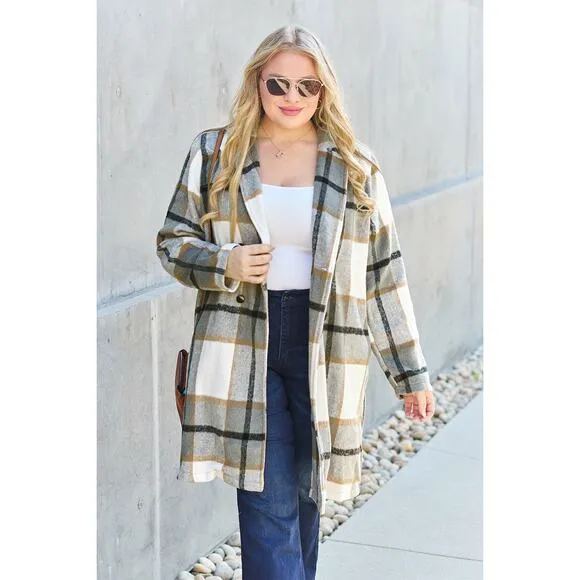 DOUBLE TAKE Plus Gray Plaid Button Up Jacket Pockets Fall NEW Plus 2XL 3XL