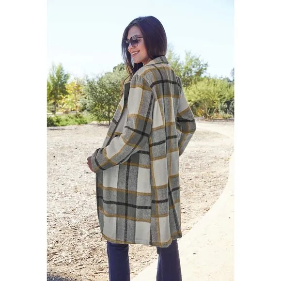 DOUBLE TAKE Plus Gray Plaid Button Up Jacket Pockets Fall NEW Plus 2XL 3XL