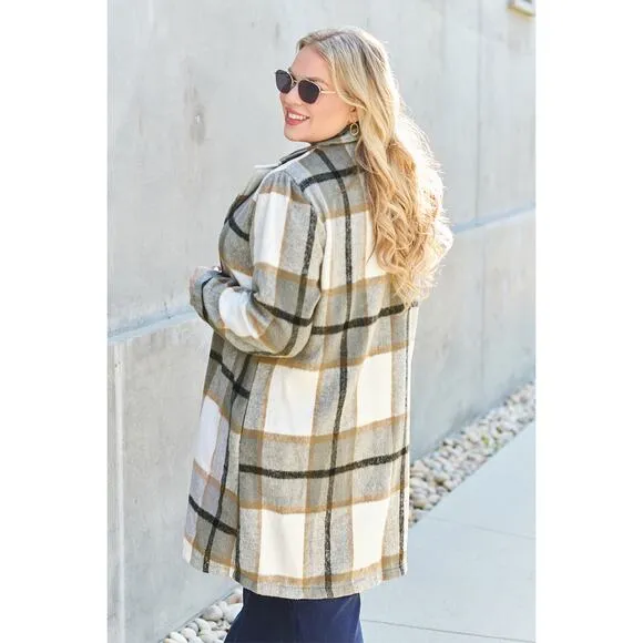 DOUBLE TAKE Plus Gray Plaid Button Up Jacket Pockets Fall NEW Plus 2XL 3XL