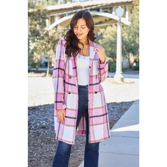 DOUBLE TAKE Plus Pink Plaid Button Up Jacket Pockets Fall NEW Plus Size 2X 3X