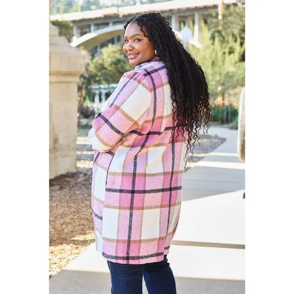 DOUBLE TAKE Plus Pink Plaid Button Up Jacket Pockets Fall NEW Plus Size 2X 3X