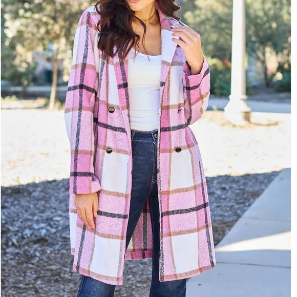 DOUBLE TAKE Plus Pink Plaid Button Up Jacket Pockets Fall NEW Plus Size 2X 3X