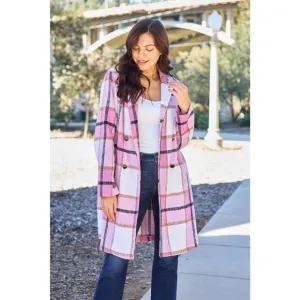 DOUBLE TAKE Plus Pink Plaid Button Up Jacket Pockets Fall NEW Plus Size 2X 3X