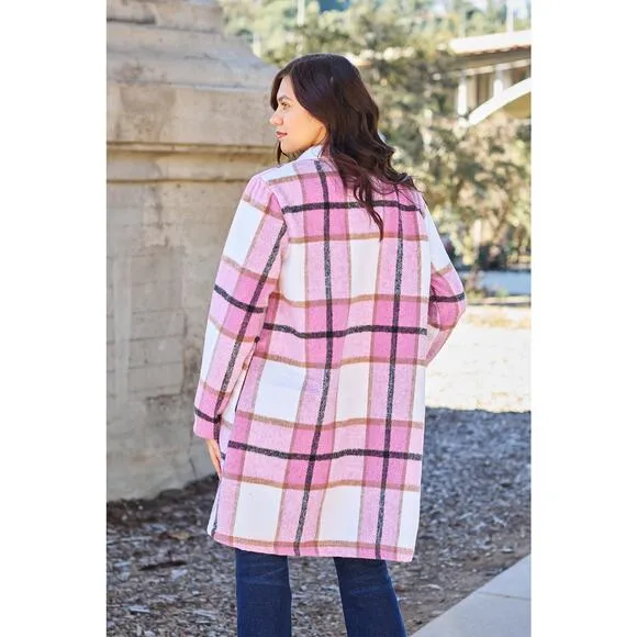 DOUBLE TAKE Plus Pink Plaid Button Up Jacket Pockets Fall NEW Plus Size 2X 3X