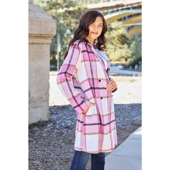 DOUBLE TAKE Plus Pink Plaid Button Up Jacket Pockets Fall NEW Plus Size 2X 3X