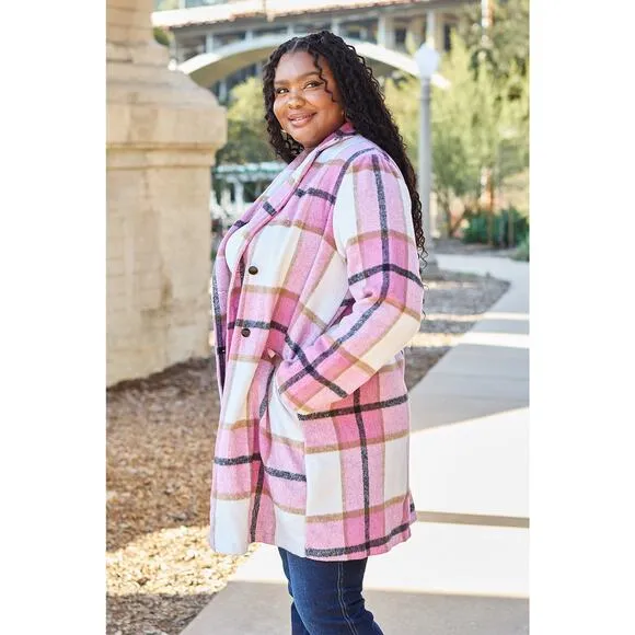 DOUBLE TAKE Plus Pink Plaid Button Up Jacket Pockets Fall NEW Plus Size 2X 3X