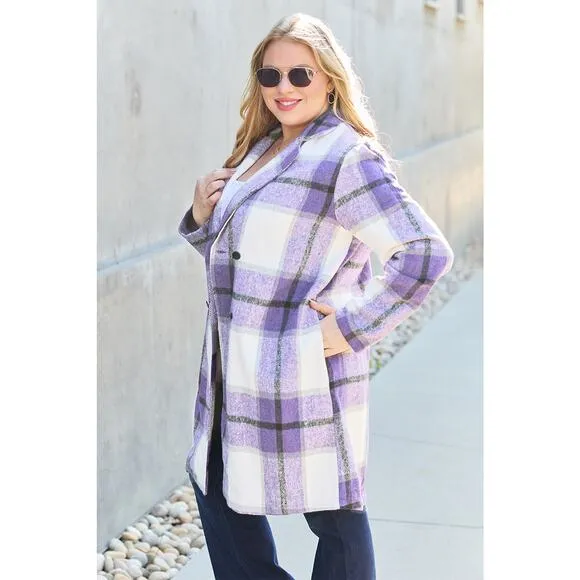 DOUBLE TAKE Plus Purple Plaid Button Up Jacket Pockets Fall NEW Misses