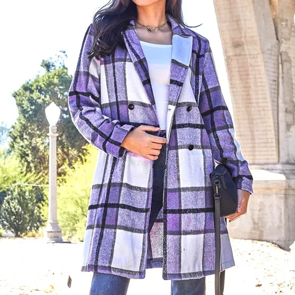 DOUBLE TAKE Plus Purple Plaid Button Up Jacket Pockets Fall NEW Misses