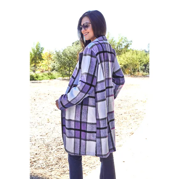 DOUBLE TAKE Plus Purple Plaid Button Up Jacket Pockets Fall NEW Misses