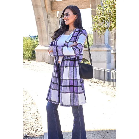 DOUBLE TAKE Plus Purple Plaid Button Up Jacket Pockets Fall NEW Misses