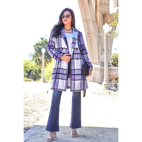 DOUBLE TAKE Plus Purple Plaid Button Up Jacket Pockets Fall NEW Misses