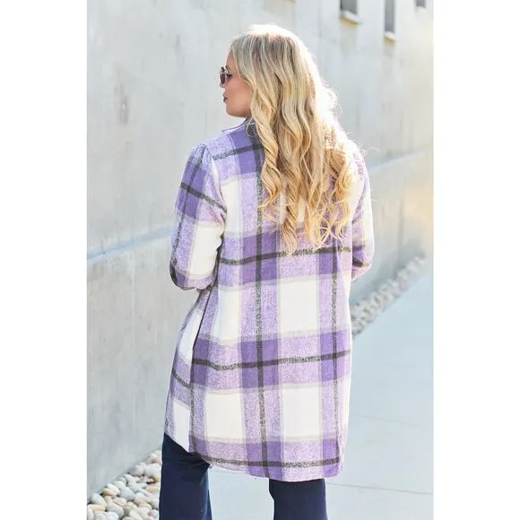 DOUBLE TAKE Plus Purple Plaid Button Up Jacket Pockets Fall NEW Misses